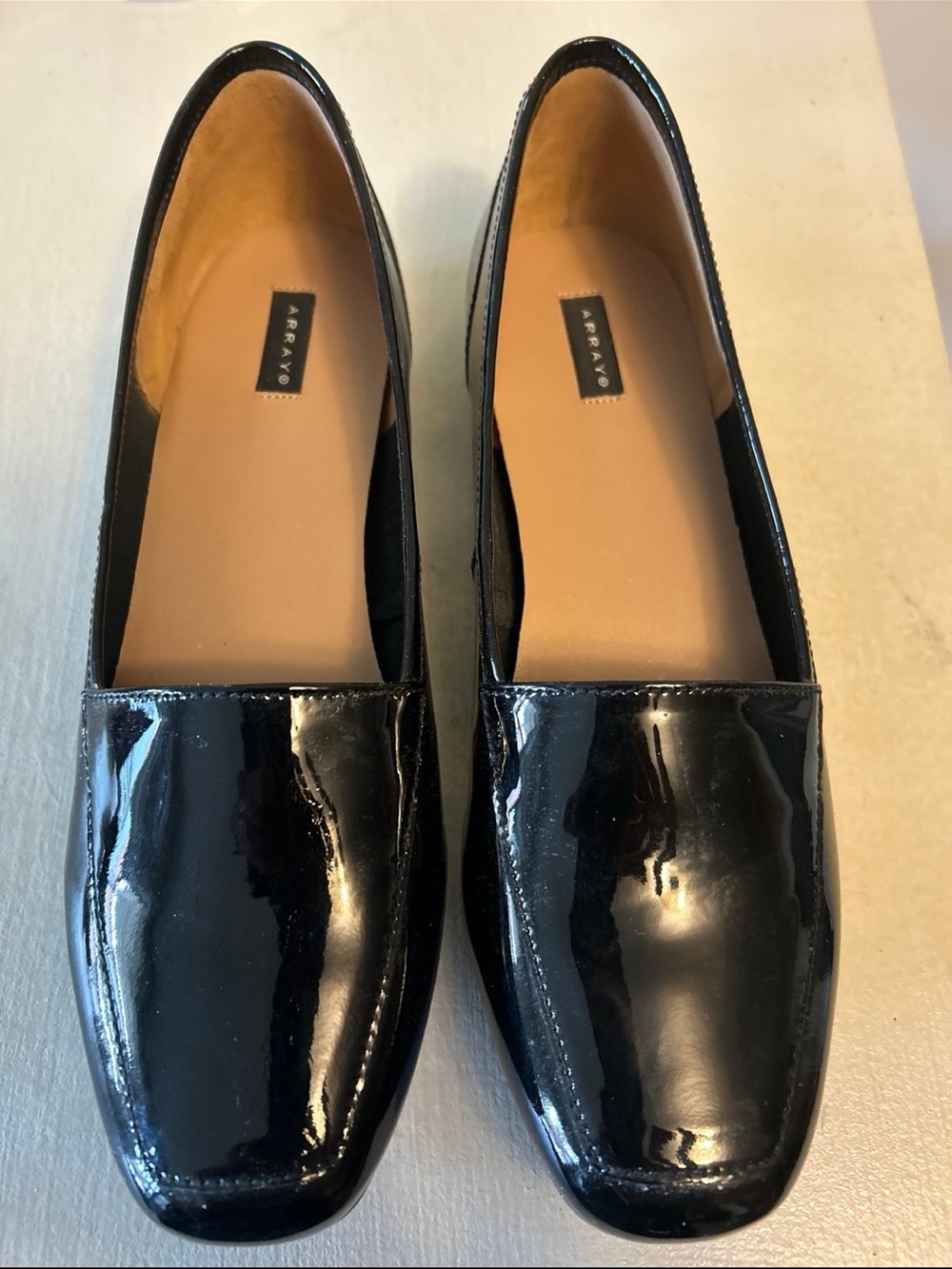 Array Black Patent Square-Toe Slip-On Flats 7.5